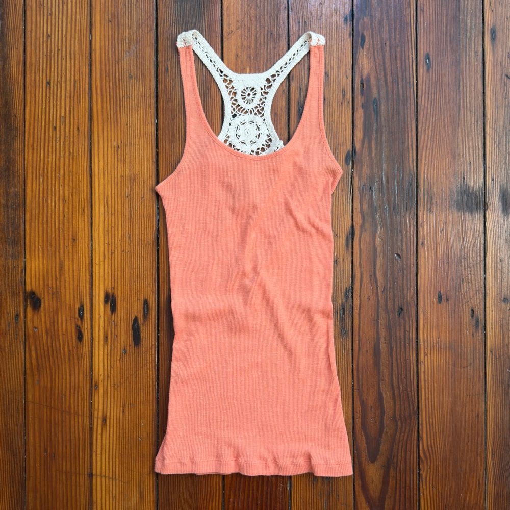 Mudd Coral Tank Top with Cream Crochet Racerback